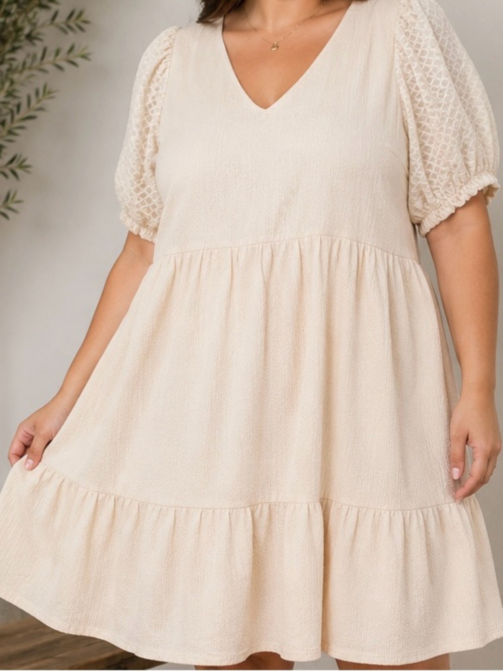 Mango Cream V-Neck Tiered Mini Dress with Puff Sleeves